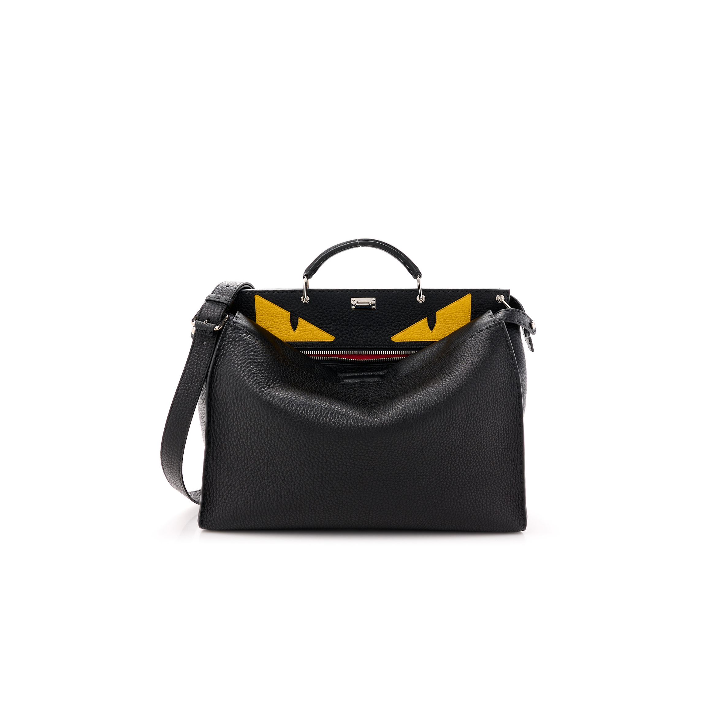 FENDI CUOIO ROMANO SELLERIA MONSTER EYES INLAY LARGE PEEKABOO SATCHEL BLACK SUNFLOWER (42*34*18cm)